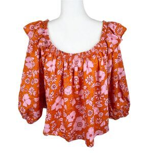 Free People Blouse Women Medium Orange Pink Floral Peasant Puff Quarter Sleeve